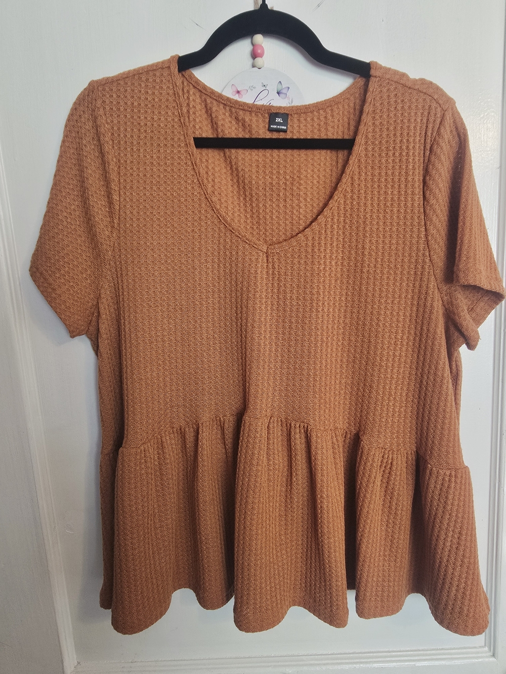 Rust Textured Peplum V-Neck Top - Unbranded